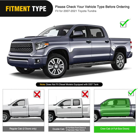 Running Boards for 2007-2021 Toyota Tundra Crewmax Cab 4 Full Size Doors 6 Inch Side Step Nerf Bars Black
