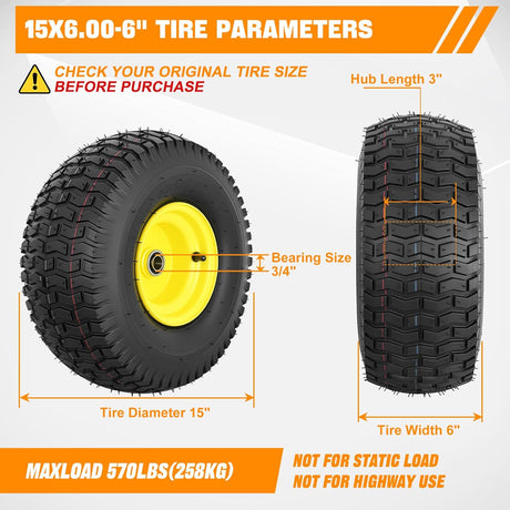 15x6.00-6 Lawn Mower Tire, 15 Inch Pneumatic Rubber Tire with 3/4 Inch Axle Bore & 3 Inch Hub Length, Air-Filled Replacement Wheel for Riding Lawn Mowers, 1 Pack