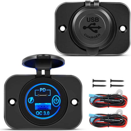 2 Pack PD Type C and QC 3.0 USB Fast Outlet Panel with LED ON Off Touch Switch Fused Wire Kit for 12V 24V Cars Trucks RVs Motorcycles Buses Boats