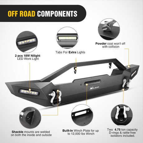 Front and Rear Bumper Compatible for 1987-2006 Wrangler TJ & YJ Rock Crawler Bumper with Hitch Receiver Winch Plate LED Lights D-Rings,Upgraded Textured Black