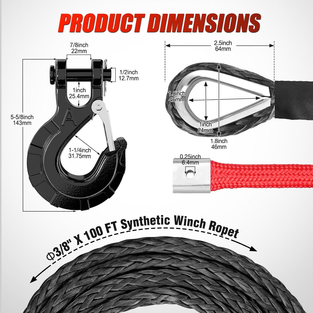 Synthetic Winch Rope Kit 3/8 Inch X 100' 25000 lbs with Red Jacket Rope Protective Sleeve Forged 35000lb Winch Hook Safety Strap Winch Cable Line for Off Road Vehicle Recovery Truck SUV, Black