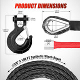 Synthetic Winch Rope Kit 3/8 Inch X 100' 25000 lbs with Red Jacket Rope Protective Sleeve Forged 35000lb Winch Hook Safety Strap Winch Cable Line for Off Road Vehicle Recovery Truck SUV, Black