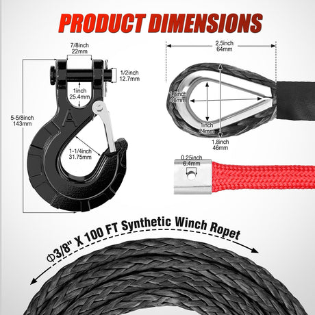 Synthetic Winch Rope Kit 3/8 Inch X 100' 25000 lbs with Red Jacket Rope Protective Sleeve Forged 35000lb Winch Hook Safety Strap Winch Cable Line for Off Road Vehicle Recovery Truck SUV, Black
