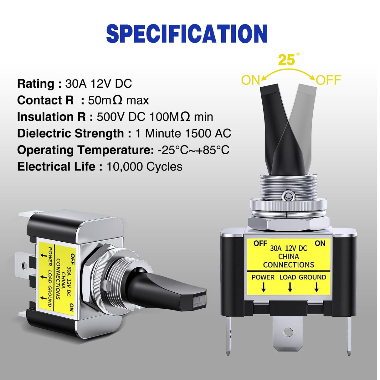 2PCS Yellow LED Toggle Switch 12V DC 30A 3 Pin On Off 2 Position Heavy Duty Rocker Switch with 14AWG Wire for Automotive Cars Trucks Boats Racing Cars Auto Boat