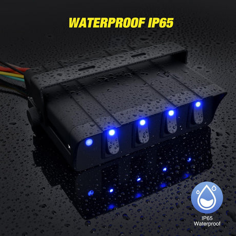 4 Gang Rocker Switch Box Waterproof SPST Toggle Panel Blue LED 12V 24V 20A 40Amp Max for Automotive Cars Vehicles Boats RVs Campers SUVs