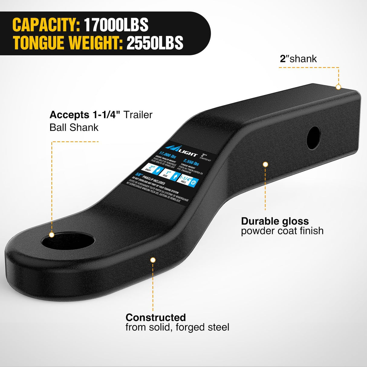Forged Trailer Hitch Mount Fits 2 Inch Receiver Square 5/8 Inch Hitch Pin Clip 17000 lbs 2 Inch Drop, 1-1/4 Inch Hole, Gloss Black Powder Coat