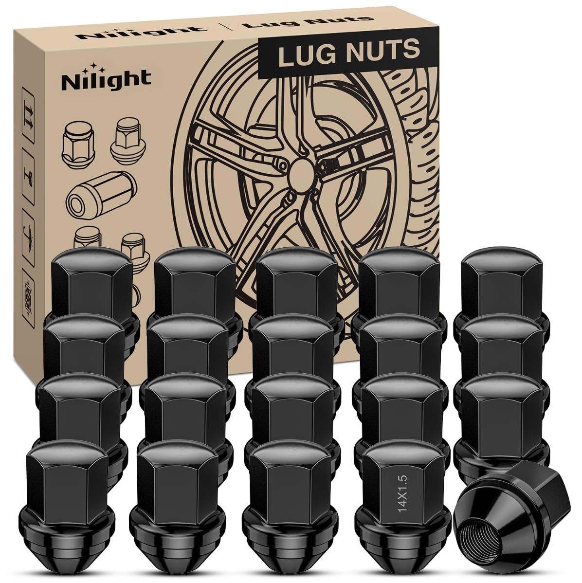 20PCS M14x1.5 Lug Nuts Compatible with 2012-2018 Ram 1500 | for 2019-2022 Jeep Wrangler/Gladiator 2011-2024 Grand Cherokee One-Piece Solid Black Steel OEM Factory Wheel Nuts Replace