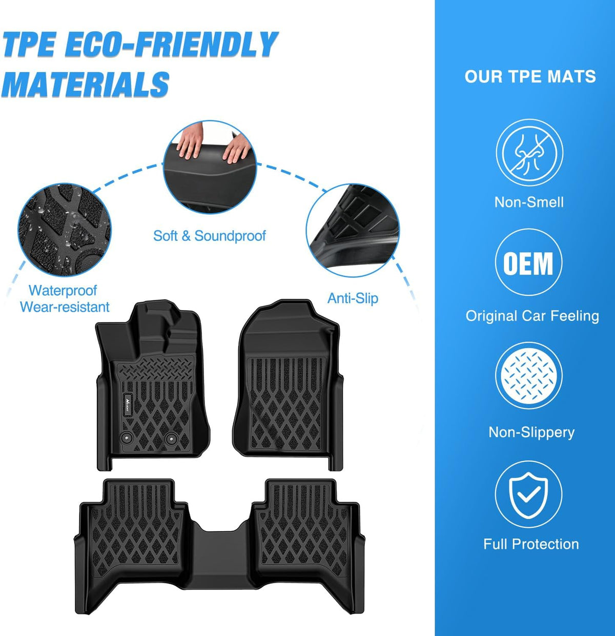 TPE Floor Mats for Ford Ranger SuperCrew Cab 2024 2025 2026 | All Weather Custom Fit Heavy Duty Floor Liners