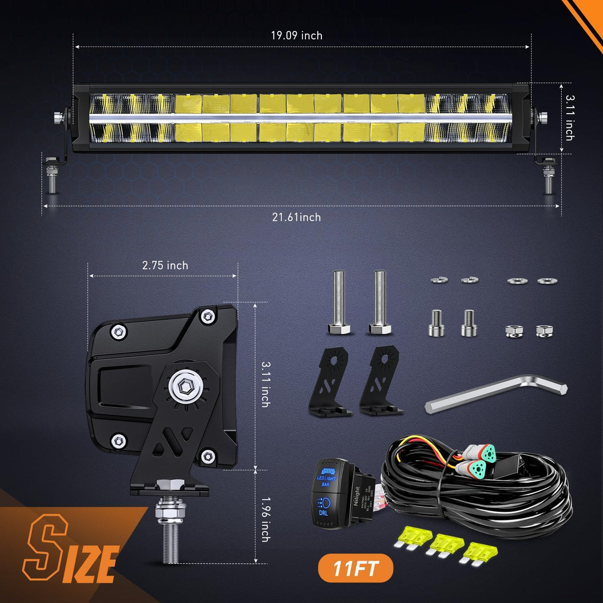 LED Light Bar with Amber DRL 19 Inch 150W Offroad Light Anti-Glare Flood Spot Combo LED Driving Light IP68 w/ 14 AWG DT Connector Wiring Harness for Pickup Truck SUV ATV UTV Boat 4x4