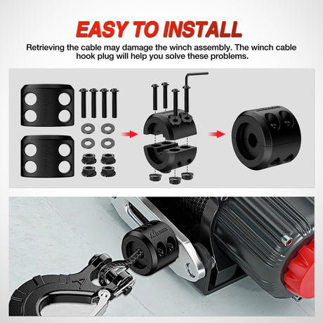 Winch Stopper for ATV UTV Truck SUV Winch Cable Hook Rubber Stopper 2 Pack Protect Towing Hook Synthetic Rope Winch Accessories Rope Line Saver with Stainless Steel Screws Allen Wrenc, Black