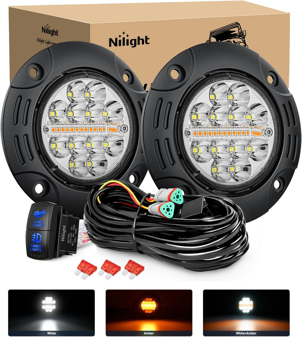 Flush Mount LED Light Pods 2PCS 5 Inch 36W Amber White 3 Lighting Modes Fog Lights Spot Flood Beam with Dual Control 18AWG Wiring Harness for Truck Pickup Golf Cart UTV ATV SUV Boat 4x4 Car