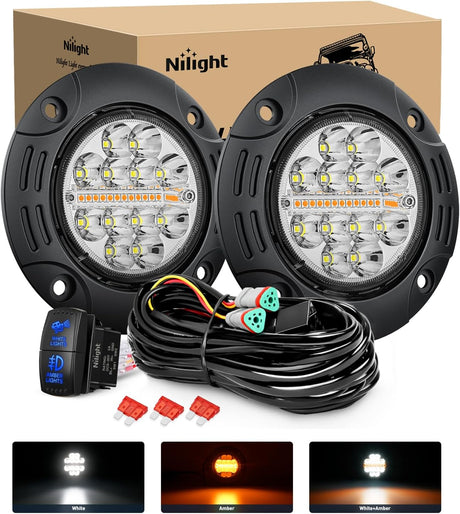 Flush Mount LED Light Pods 2PCS 5 Inch 36W Amber White 3 Lighting Modes Fog Lights Spot Flood Beam with Dual Control 18AWG Wiring Harness for Truck Pickup Golf Cart UTV ATV SUV Boat 4x4 Car