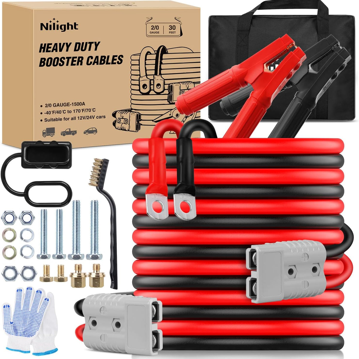 2/0 Gauge 30 Feet Heavy Duty Jumper Cables 1500 Amp Booster Battery ...