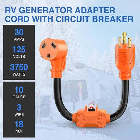 RV Generator Adapter Cord with Circuit Breaker Overload Protector 30 Amp to 30Amp 3-Prong Twist Lock Male Plug 10 Gauge Wire ETL Listed L5-30P TT-30R 30M/30F for RV Camper Caravan Van Trailer