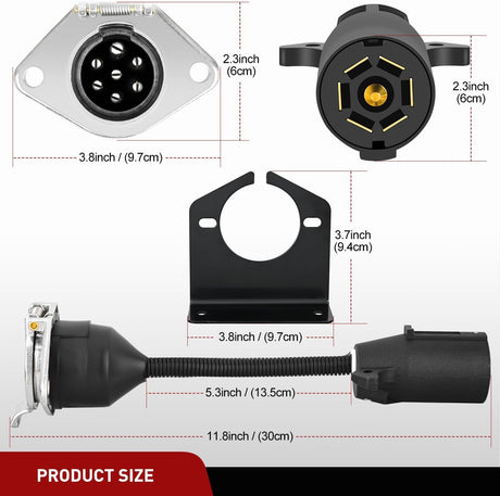 Vehicle-Side 7-Pin Round Trailer Wiring Harness Socket 7 Way Female-End Adapter Replacement SAE J560 Die-Cast Zinc Housing 7 Pole Round Electrical Connector for Semi Truck Trailer Car