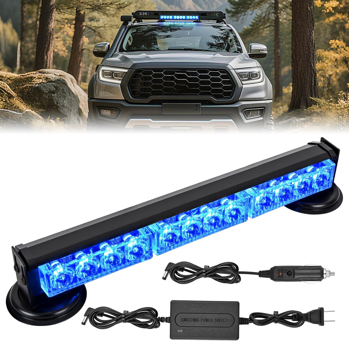 12LED Wireless Blue Strobe Light 14 Inch Magnetic Mount 12V | Rooftop Rechargeable Portable Mini Light Bar Hazard Flash for Car Truck Trailer Snow Plow Construction 20 Flashing Modes