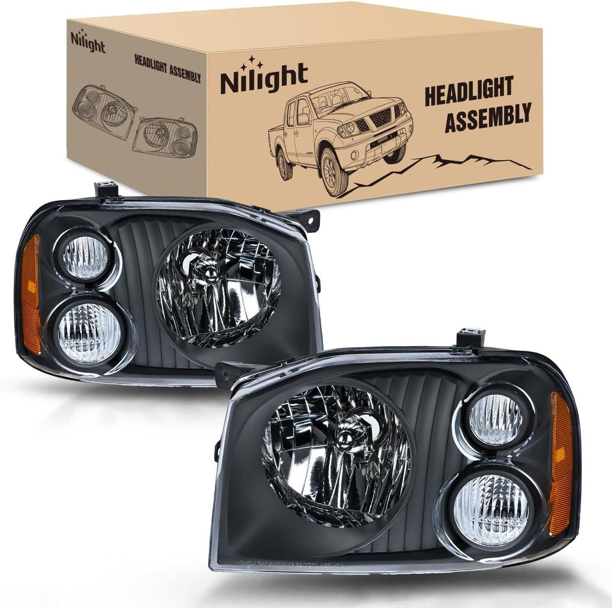 Headlight Assembly Compatible with 2001 2002 2003 2004 Nissan Frontier XE OE Style Replacement Halogen Headlights Black Housing Amber Reflector Clear Turn Light Headlamp Passenger and Driver