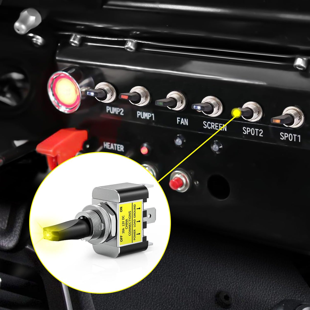 5PCS LED Toggle Switch ON Off 12V 30A Yellow Lighted Metal Heavy Duty SPST 3 Pin Rocker Switches 12mm Mounting Hole for Automotive Cars Trucks Boats Racing Cars