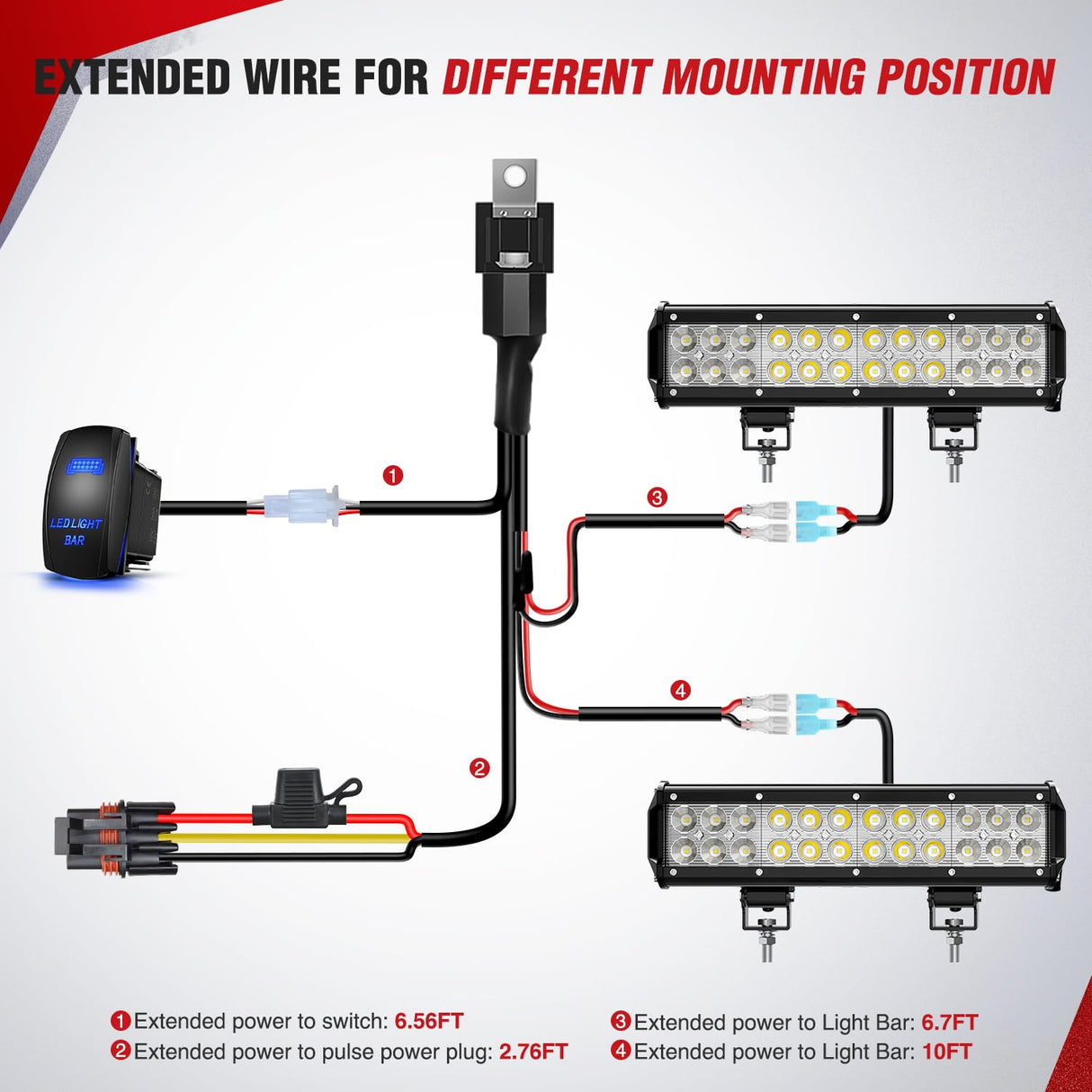 16AWG LED Light Bar Wiring Harness Kit with Pulse Power Plug | Connector 12V On Off 5Pin Rocker Switch Relay Fuse for Polaris RZR General Ranger Pulse Bus bar- 2 Leads Blue