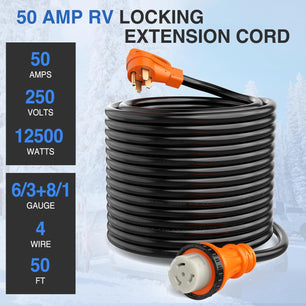 RV Parts 50AMP 50FT RV Locking Extension Cord 250V Heavy Duty 6/3+8/1 Gauge Pure Copper STW Wire ETL Listed 4 Prong 14-50P SS2-50R 50F/50M Cable Suit