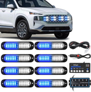 8PCS Led Strobe Lights with Controller 12V 24V Sync Feature Blue White Strobe Light 12 LED Surface Mount Emergency Hazard Warning Lights with Strobe Controller for Vehicle Car Truck RV ATV