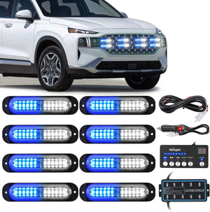 8PCS Led Strobe Lights with Controller 12V 24V Sync Feature Blue White Strobe Light 12 LED Surface Mount Emergency Hazard Warning Lights with Strobe Controller for Vehicle Car Truck RV ATV