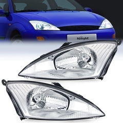 2000-2004 Ford Focus Headlight Assembly Chrome Housing Clear Reflector Upgraded Clear Lens