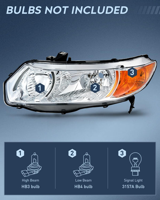 Headlight Assembly Headlight Assembly Chrome Case Amber Reflector Clear Lens For 2006-2011 Honda Civic 2-Door Coupe (Pair)