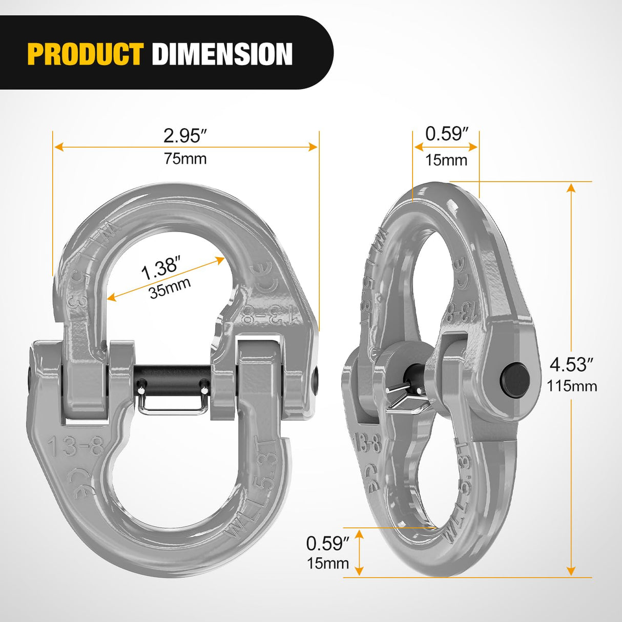 Safety Chain Connector Link, 1/2In Tow Hitch Hammerlock Coupling Link, 2 Pcs Forged Steel Tow Chain Connector for Chain Link/Recovery Rope Link/Shackle, 12000 lbs Load Limit, Grey