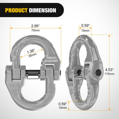 Safety Chain Connector Link, 1/2In Tow Hitch Hammerlock Coupling Link, 2 Pcs Forged Steel Tow Chain Connector for Chain Link/Recovery Rope Link/Shackle, 12000 lbs Load Limit, Grey