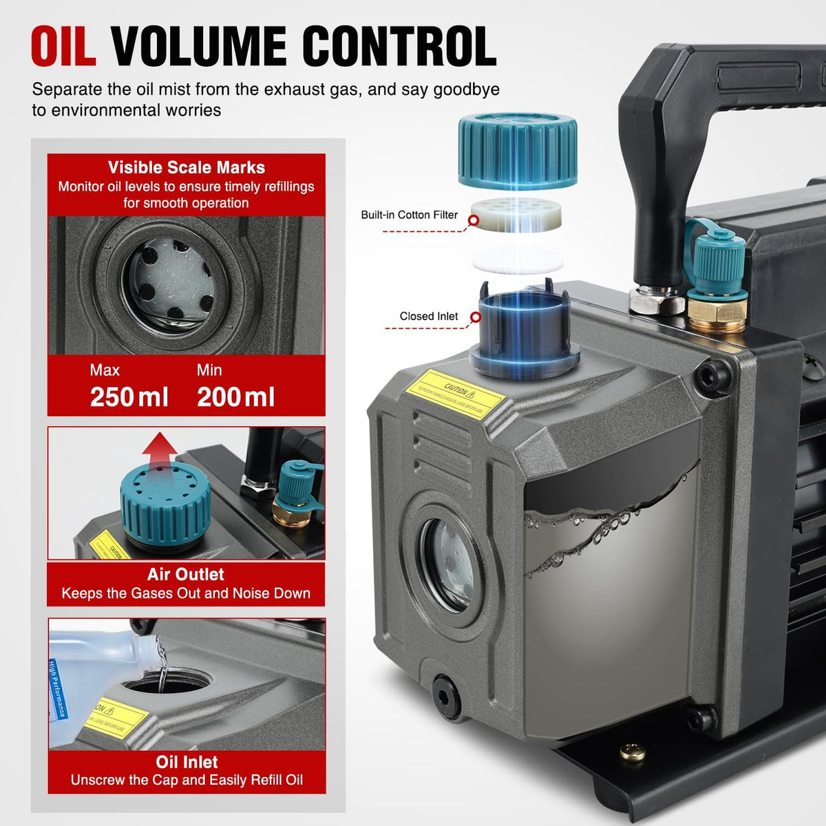 HVAC Vacuum Pump, 3.5 CFM 1/4 HP 110V Single Stage AC Vacuum Pumps Kit for R22 R404a R134a R410a 5 Pa Ultimate Vacuum for Auto Air Conditioning Servicing Refrigerant Recharging, Oil Included