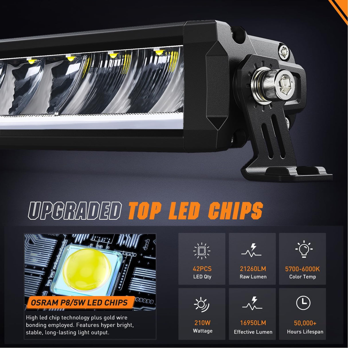 LED Light Bar with Amber DRL 50.5 Inch 210 W Single Row Anti-Glare Flood Spot Combo Slim Offroad Lights IP68 w/ 12 AWG DT Wiring Kit for Pickup Truck SUV ATV UTV Boat 4x4
