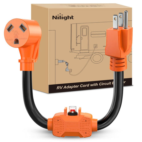 RV Power Adapter Cord with Circuit Breaker Overload Protector 15Amp to 30Amp Plug 110V Electrical 10 Gauge Wire ETL Listed 5-15P to TT-30R 15M/30F Waterproof for RVs Camper Caravan Van