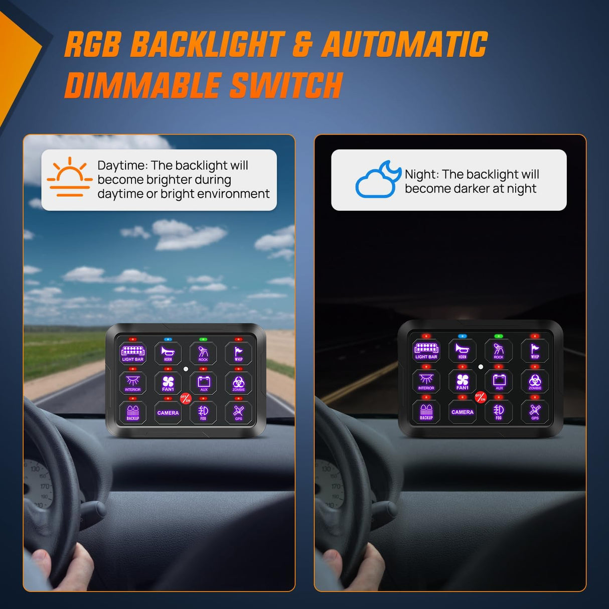 12 Gang Switch Panel 12V 24V Universal Circuit Control Relay System with RGB Backlight APP Fuse Wiring Harness Automatic Dimmable ON Off LED Switches Pod for Car Pickup Truck Camper SUV