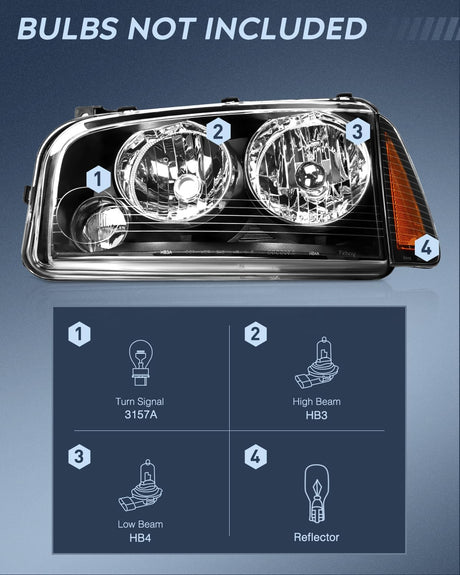 Headlight Assembly Compatible with 2006 2007 2008 2009 2010 Dodge Charger Black Housing Amber Reflector Clear Lens Headlights Replacement Bumper Lamp Set Driver and Passenger Side