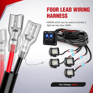 16AWG Wire Harness 4 Leads W/ 2 Gang Rocker Switch | 6 Fuses | 8 Spade Connectors Nilight