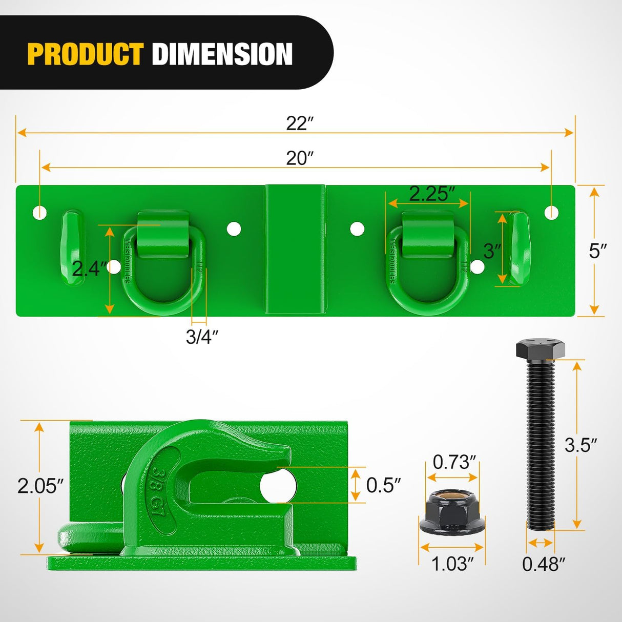 3/8 Inch Tractor Bucket Grab Hooks with 1/2 Inch Tie Down Ring and 2 Inch Receiver Grade 70 Forged Steel Bolt-On for John Deere Compact Tractor Bucket RV UTV Truck Max 4700LBS, Green