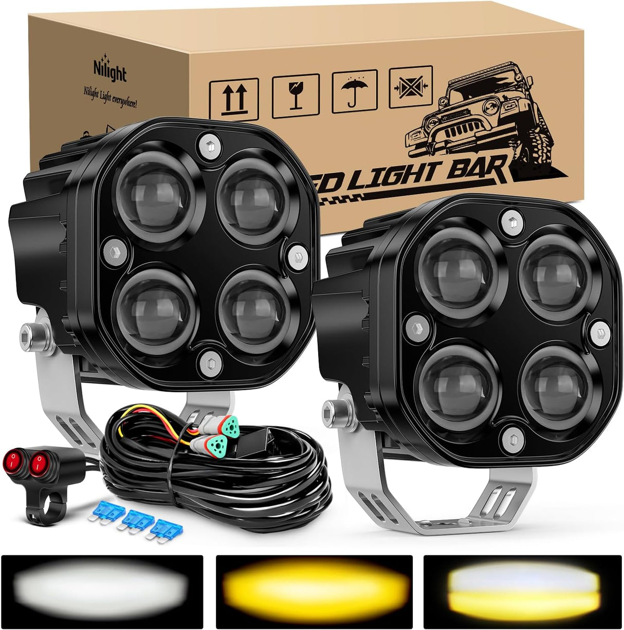 7/8 Inch Handlebar LED Light Pods 3 Inch White Amber Dual Color | 2 PCS 40 W Spot Beam Driving Fog Auxiliary Offroad Lamp with 16AWG Wiring Harness Kit for 12V Motorcycle Motorbike Dirt Bike