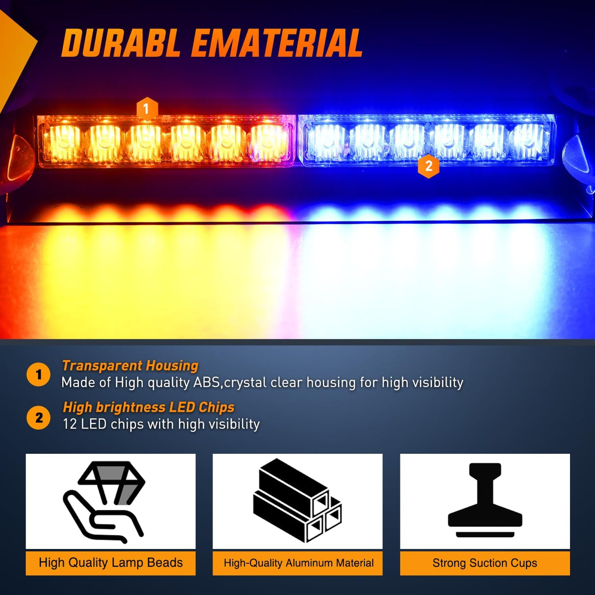 12LED Traffic Advisor Strobe Light Bar Amber Blue Emergency Warning Hazard Safety Dash Front/Rear Windshield Flashing Lights for Cars Trucks Police Firefighter Plow Construction Vehicles