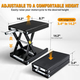 Motorcycle Lift Jack 1100 LBS Motorcycle Scissor Jack Stand Lift with Wide Deck Crank Handle 3.4 Inch-14.2 Inch Steel Scissor Hoist Garage Repair Lift Table Jacks for Motorcycles ATV Dirt Bike, Black
