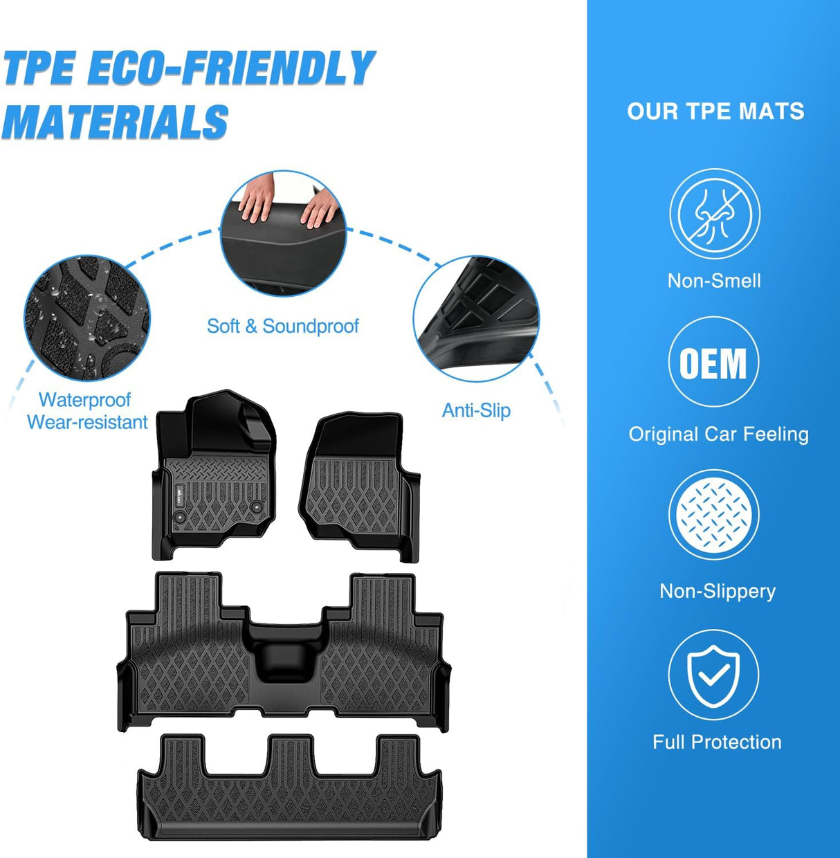 TPE Floor Mats for Ford Expedition & Max Bench Seat 2018 2019 2020 2021 2022 2023 2024 2025 All Weather Custom Fit Heavy Duty Floor Liners