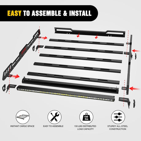 Roof Rack Cargo Basket with LED Light Bar Compatible with 2007-2026 Wrangler JK JL Unlimited & Gladiator JT 4 Door Hardtop, JKU JLU Luggage Rooftop Storage Carrier