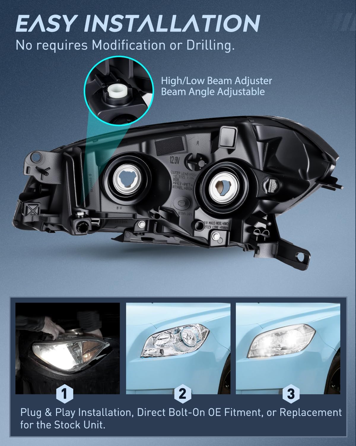 Headlight Assembly Compatible with 2008 2009 2010 2011 2012 Chevy Malibu 4 Door Halogen Factory Headlamp Chrome Housing Clear Reflector Headlamp Passenger and Driver Side