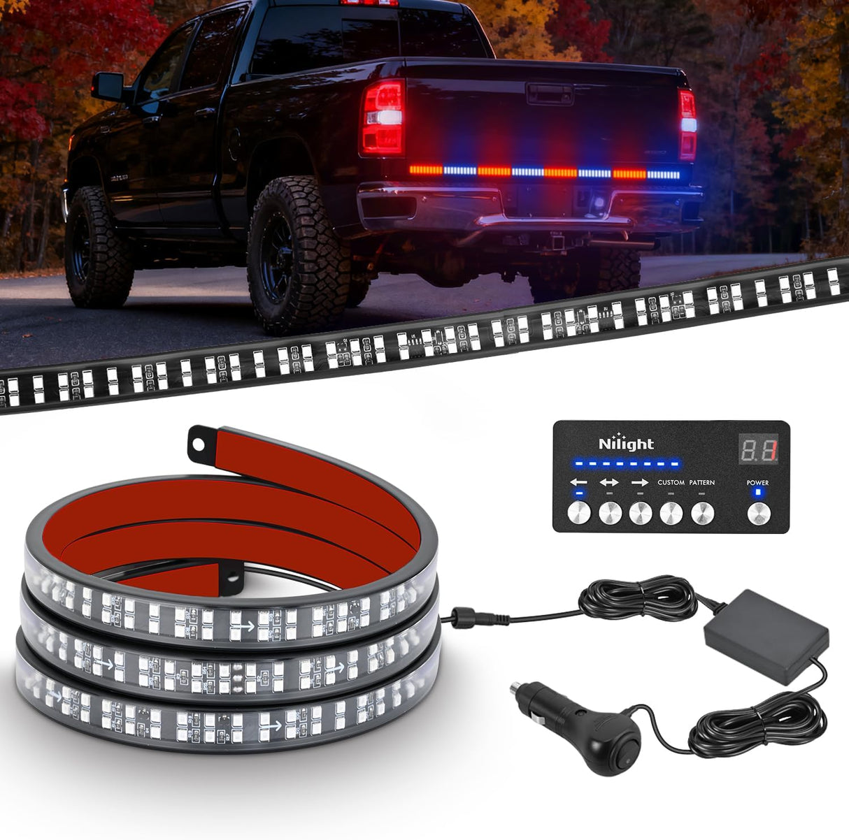 60 Inch Emergency Strobe Light Strips with Controller Red Blue | 384LED Flashing Warning Hazard Safety for Rear Window Tailgate on Truck Trailer Construction Plow Pickup Tow SUV Vehicles