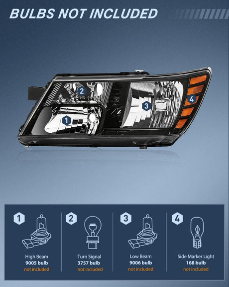 Headlight Assembly Compatible with 2009 2010 2011 2012 2013 2014 2015 2016 2017 2018 2019 2020 Dodge Journey Black Housing Amber Reflector Headlamp Passenger and Driver Side