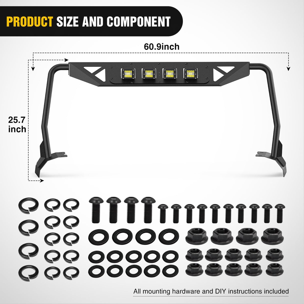 Windshield Frame Cover with 4 x LED Lights Insert Roof Sun Visor Cowl Body Armor Compatible with 2018-2026 Jeep Wrangler JL JLU & Gladiator JT (Excluding JL 4xe & JT Mojave)