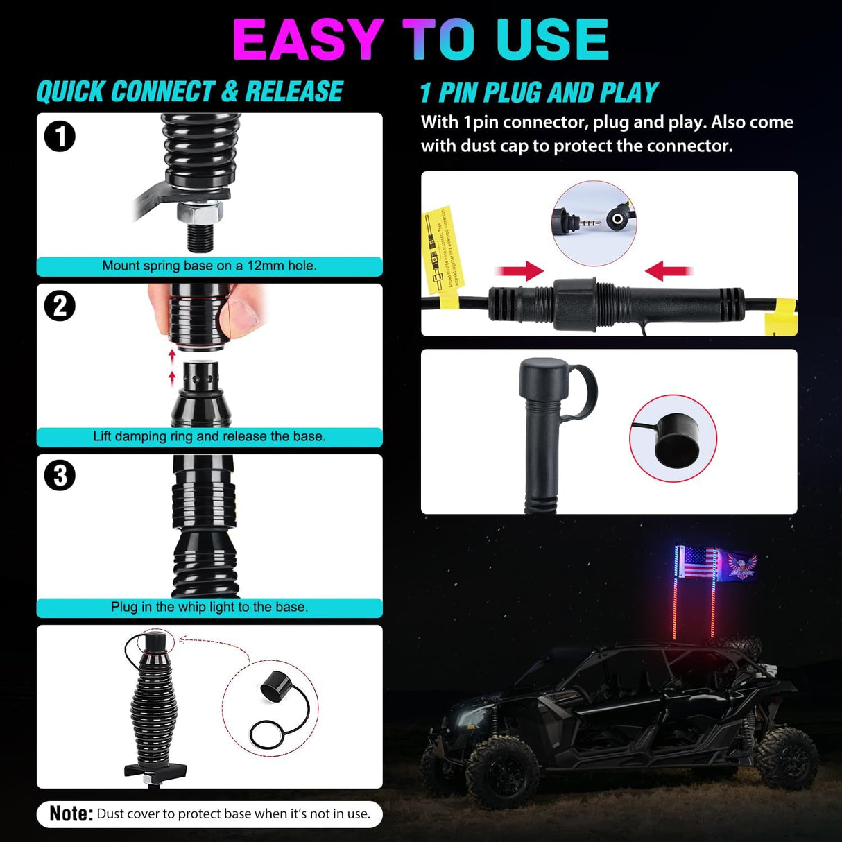 LED Whip Light 2 PCS 4FT COB RGB Lighted Antenna Whips with Spring Base Remote & App Control DIY Patterns Turn Brake Reverse Lights for Can-am Offroad ATV UTV RZR Polaris Dune Buggy Truck