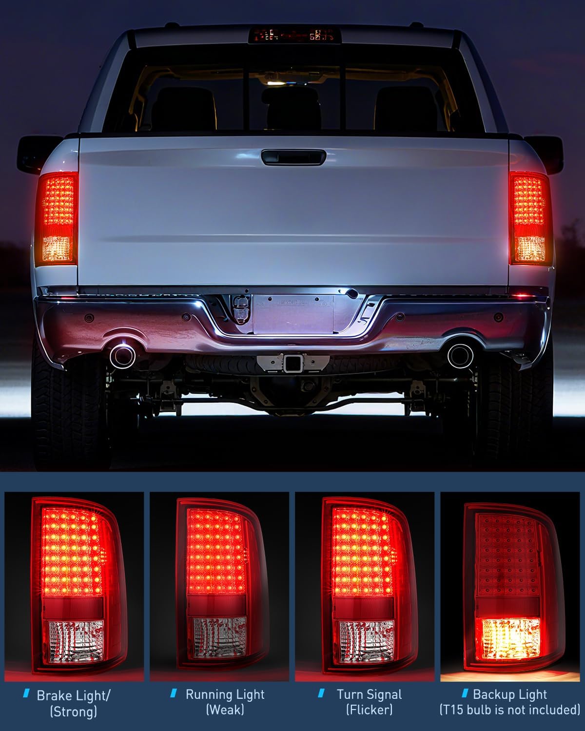 Taillight Assembly Compatible with 2009 2010 2011 2012 2013 2014 2015 2016 2017 2018 Dodge Ram 1500 2010-2018 Ram 2500 3500 Incandescent Type Upgrade LED Tail Lights Rear Brake Lamps