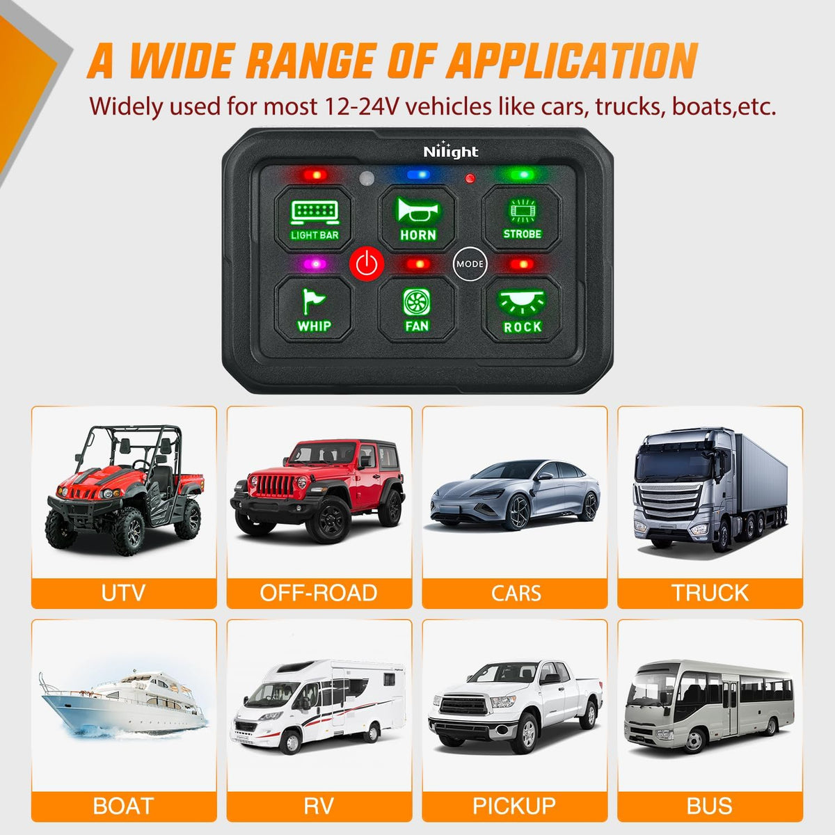 6 Gang Switch Panel Green Circuit Control Relay System with Fuse Wiring Harness Toggle Momentary Strobe Flash Modes Automatic Dimmable ON Off Pod 12V 24V for Car Truck Camper SUV