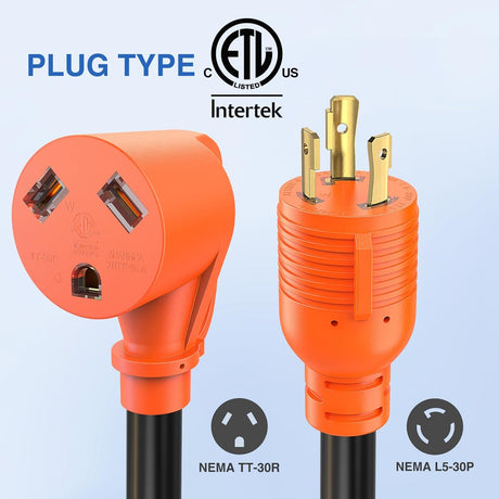 RV Generator Adapter Cord with Circuit Breaker Overload Protector 30 Amp to 30Amp 3-Prong Twist Lock Male Plug 10 Gauge Wire ETL Listed L5-30P TT-30R 30M/30F for RV Camper Caravan Van Trailer